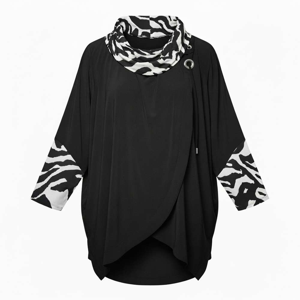 ALI MILES | Monochrome Animal Print Zebra Patterned Cowl Neck Drapy Tunic | 2X